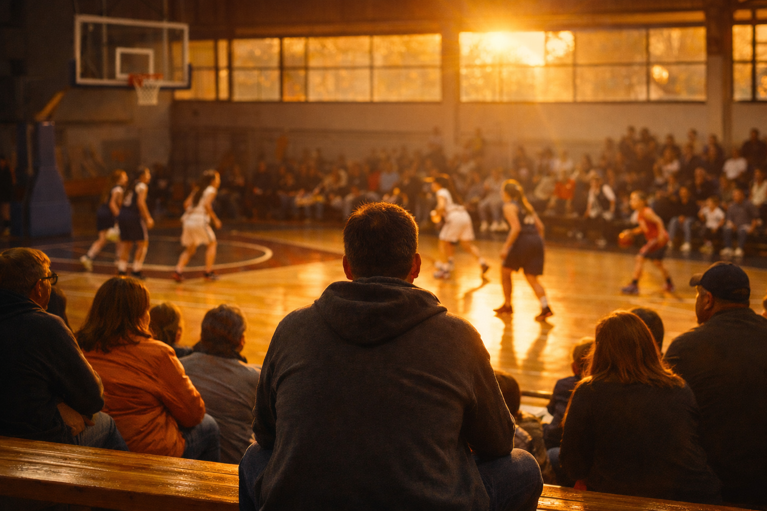 Grada de baloncesto al atardecer como metáfora de acompañar y sumar