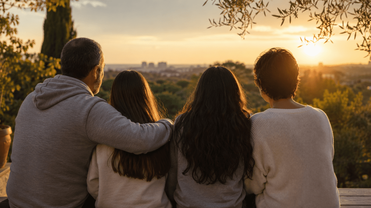 Una familia abrazándose mientras contempla el atardecer, símbolo de apoyo, unión y acompañamiento entre generaciones.
