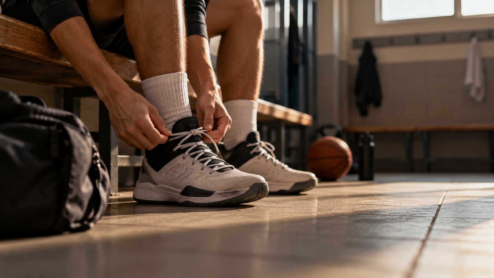 Hands tying basketball shoes on a locker room bench, before going back to practice