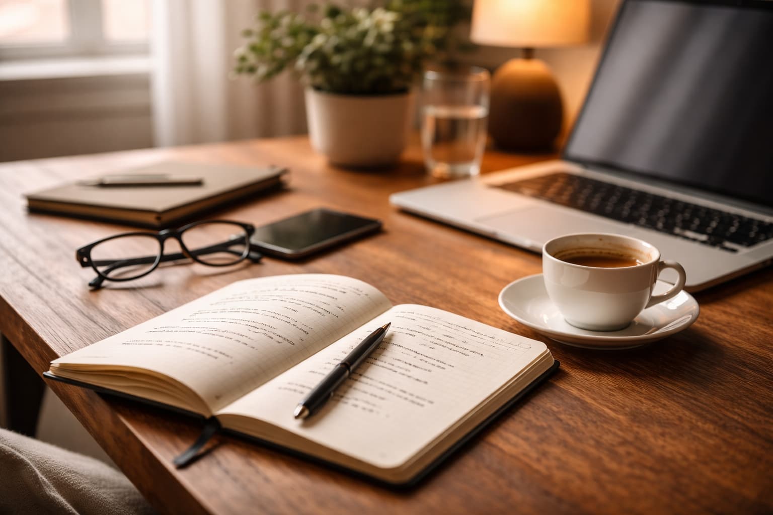 Notebook, laptop and coffee on a calm desk as a metaphor for sustainable learning