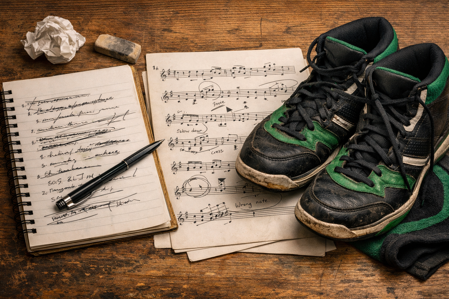 Worn green-and-black basketball shoes on a wooden table next to marked sheet music and a messy notebook, symbolizing iteration and growth