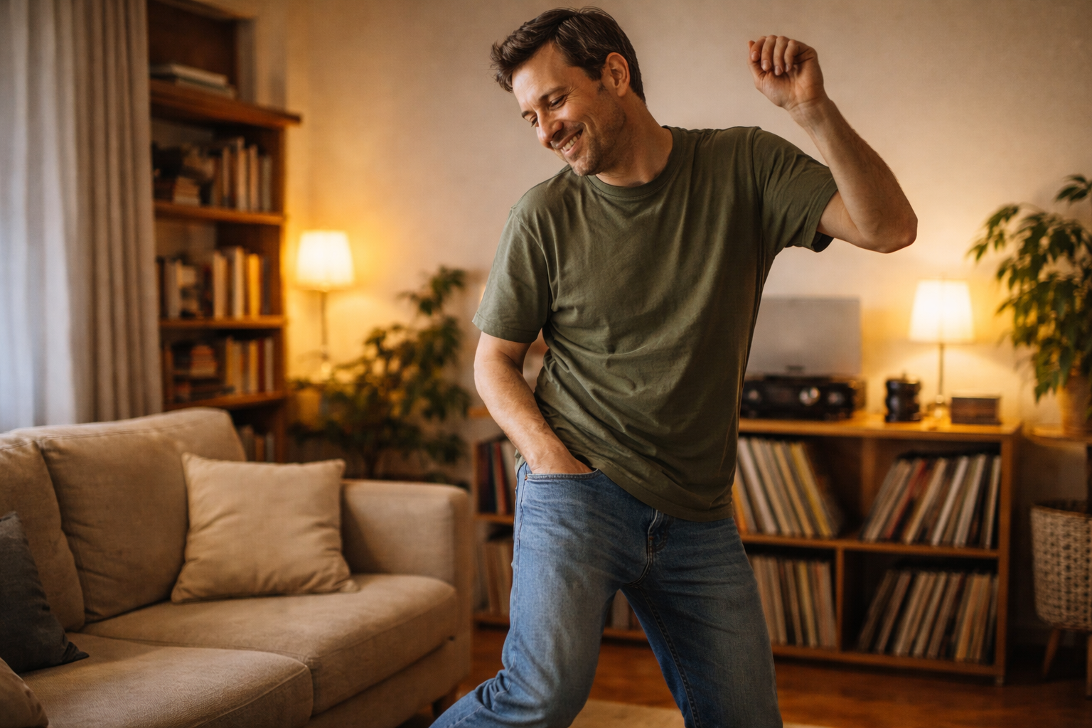 Persona ballant sola en un saló càlid, sense postura, en una escena quotidiana i desenfadada