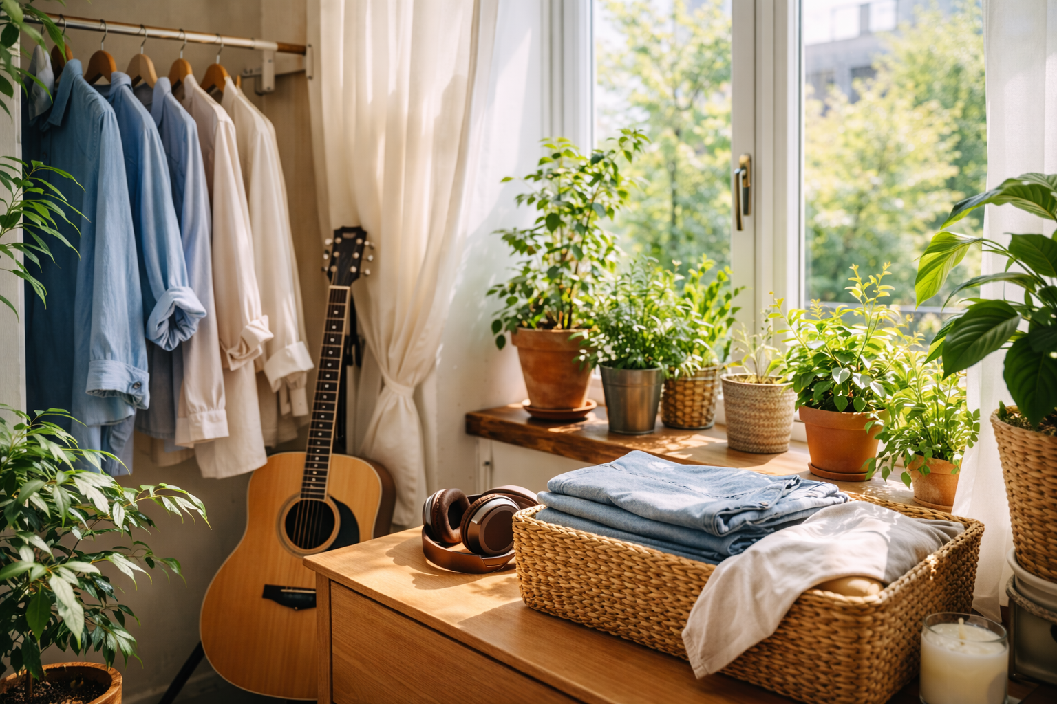 Bright spring room with light clothes, potted plants, headphones and an acoustic guitar on a stand