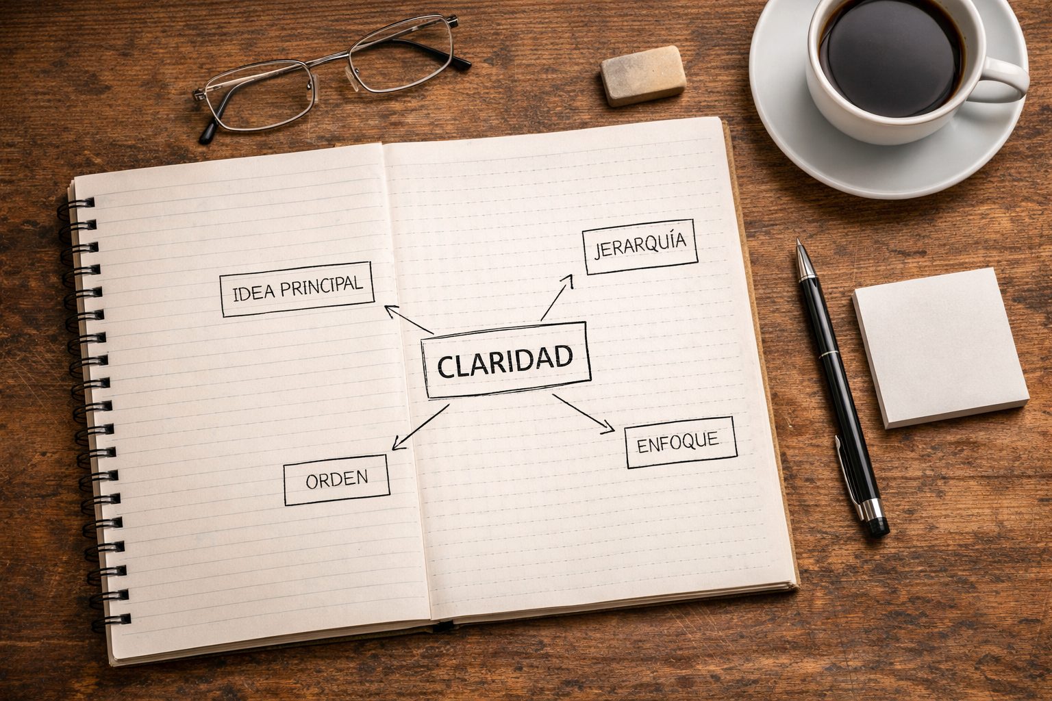 Mesa ordenada con cuaderno abierto, esquema claro y bolígrafo, simbolizando estructura y claridad mental