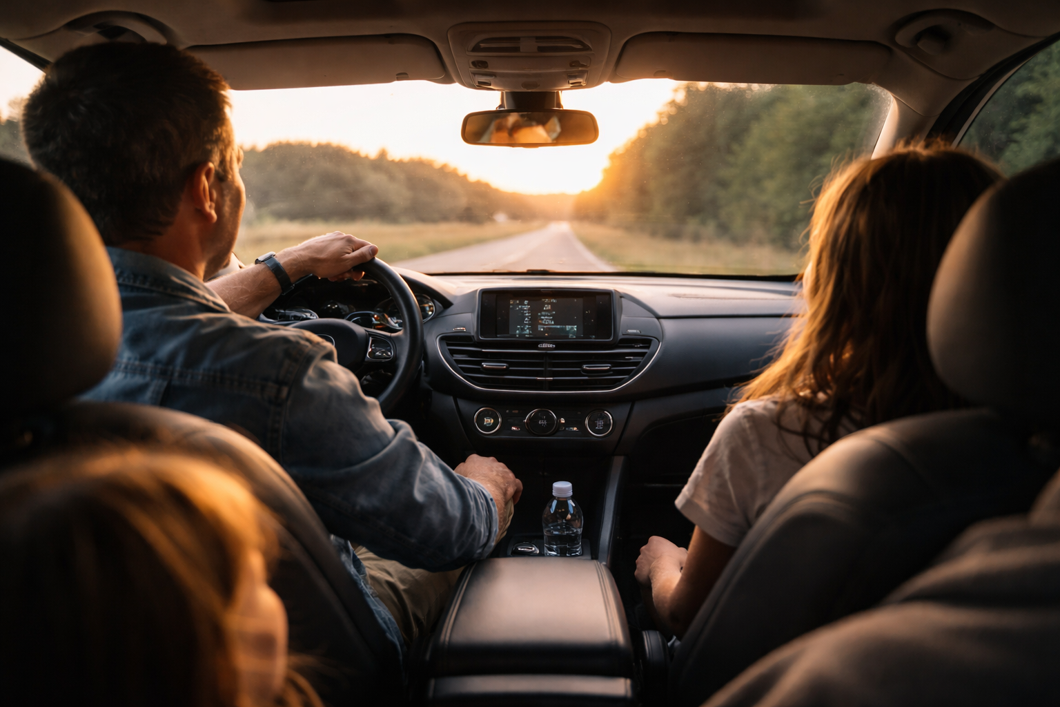 Interior de coche al atardecer, carretera en movimiento