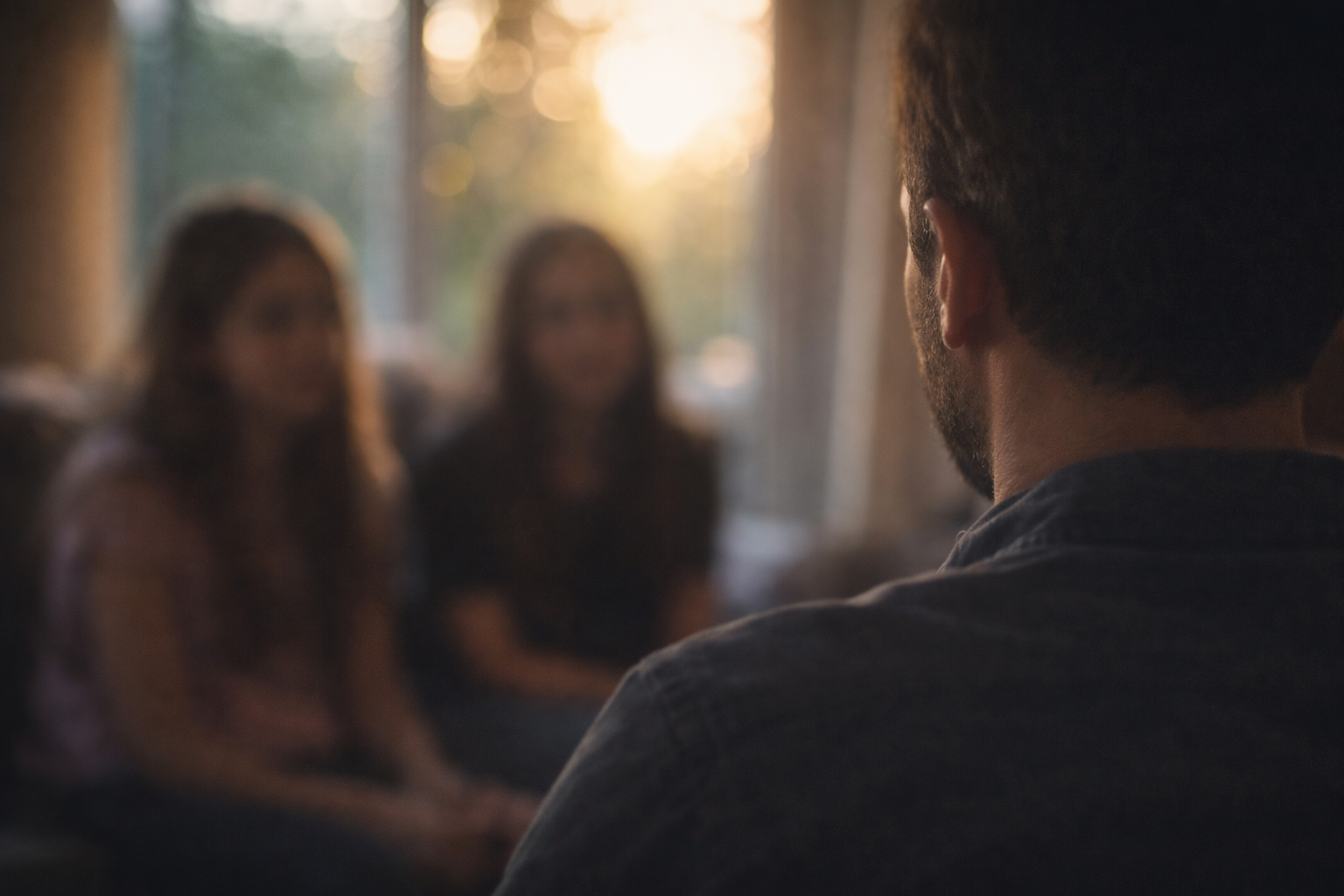 Silueta de un padre escuchando a dos hijas en un salón al atardecer