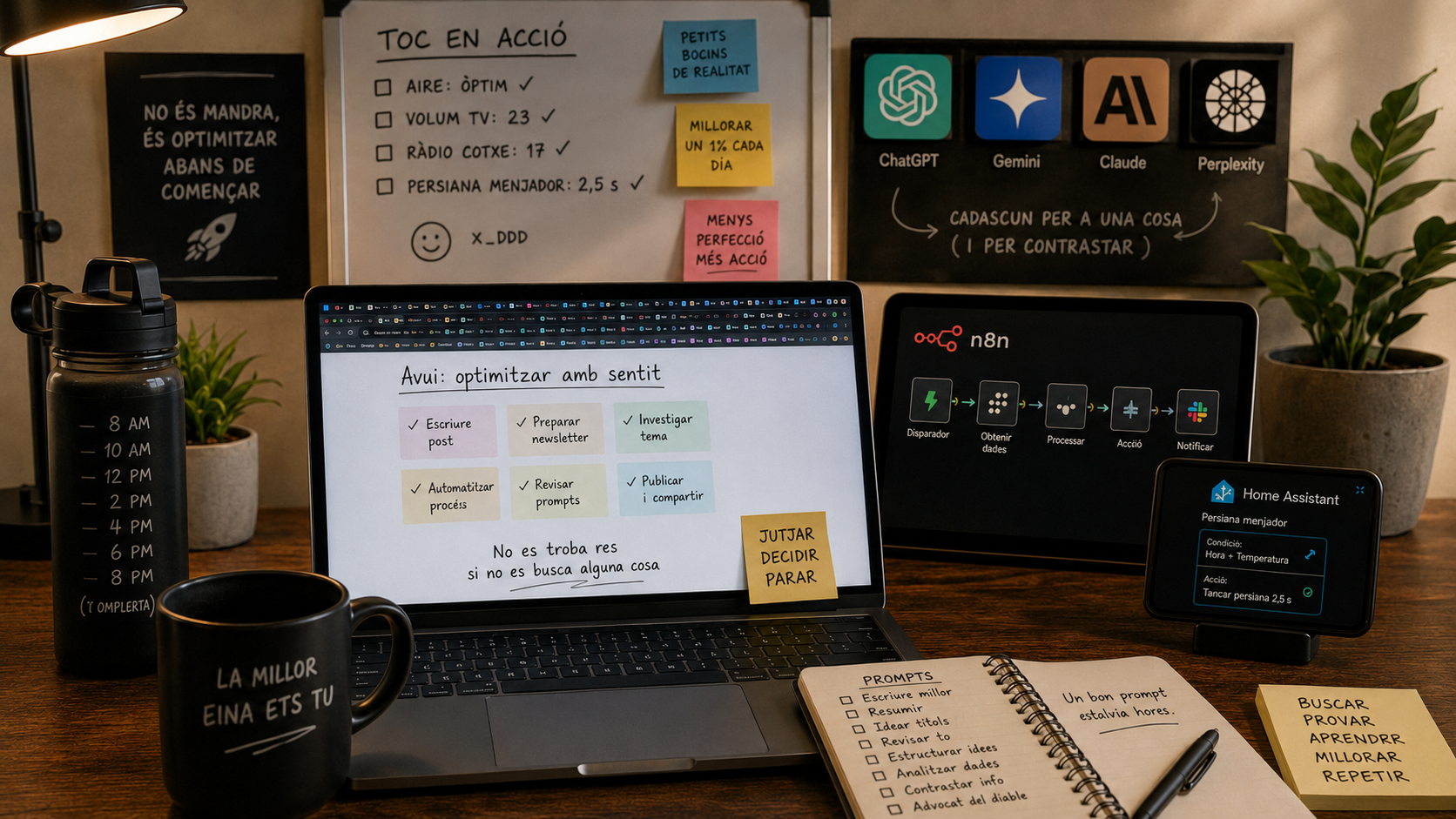 Taula de treball amb portàtil, llibreta, diverses eines digitals obertes i una tassa de cafè, simbolitzant productivitat, tecnologia i criteri personal