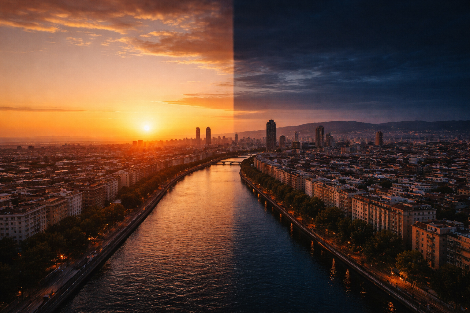 Cielo dividido entre luz y sombra en un paisaje urbano al atardecer, simbolizando el equinoccio y el equilibrio temporal