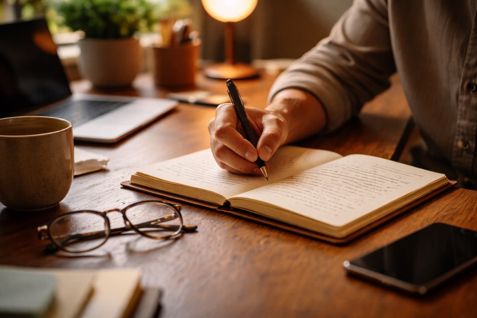 Person writing calmly in a notebook, natural light and a clean desk