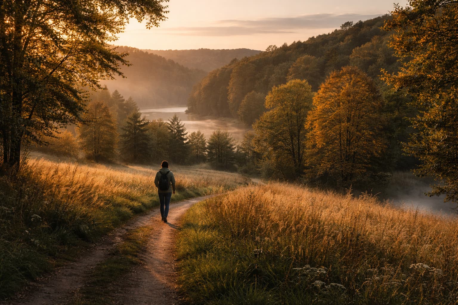 Camino tranquilo en la naturaleza que evoca el paso de las estaciones y un ritmo de vida más pausado