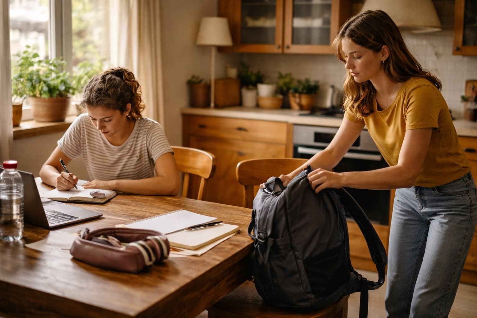 Escena cotidiana en casa, conversación tranquila entre adultos y adolescentes, sin dramatismo