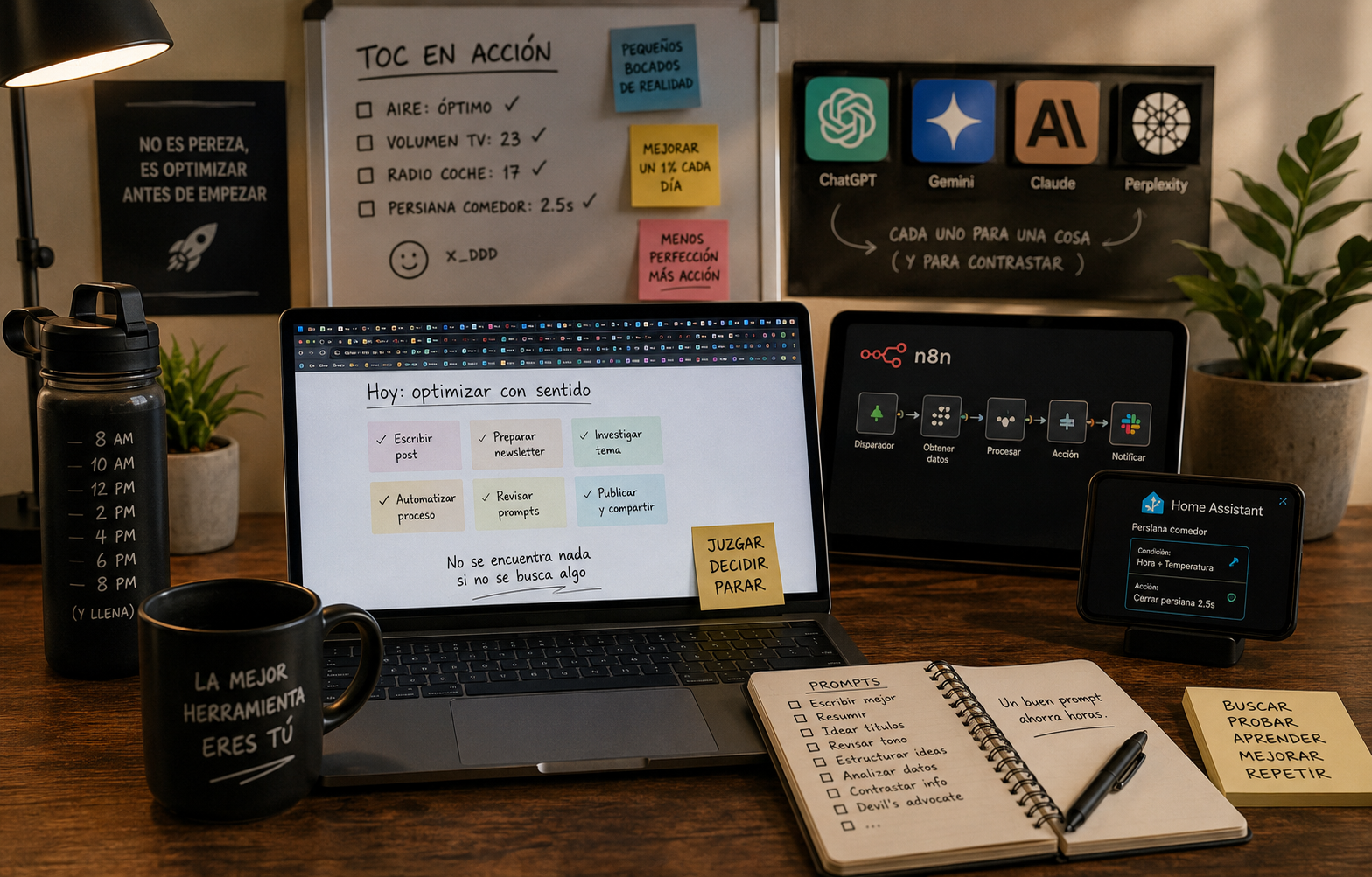 Mesa de trabajo con portátil, libreta, varias herramientas digitales abiertas y una taza de café, simbolizando productividad, tecnología y criterio personal