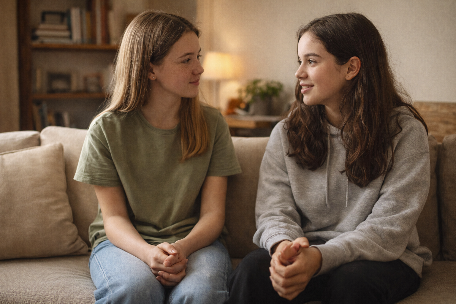Dos adolescentes sentadas juntas en un espacio cotidiano, en conversación tranquila, simbolizando crecimiento y acompañamiento