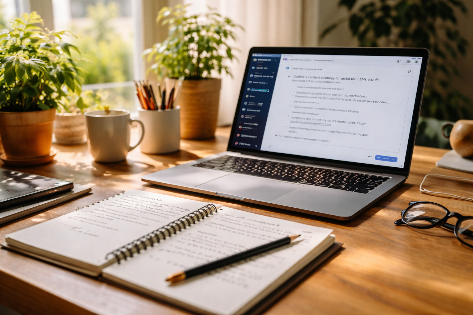 Modern workspace with laptop showing AI interface and handwritten notes on notebook