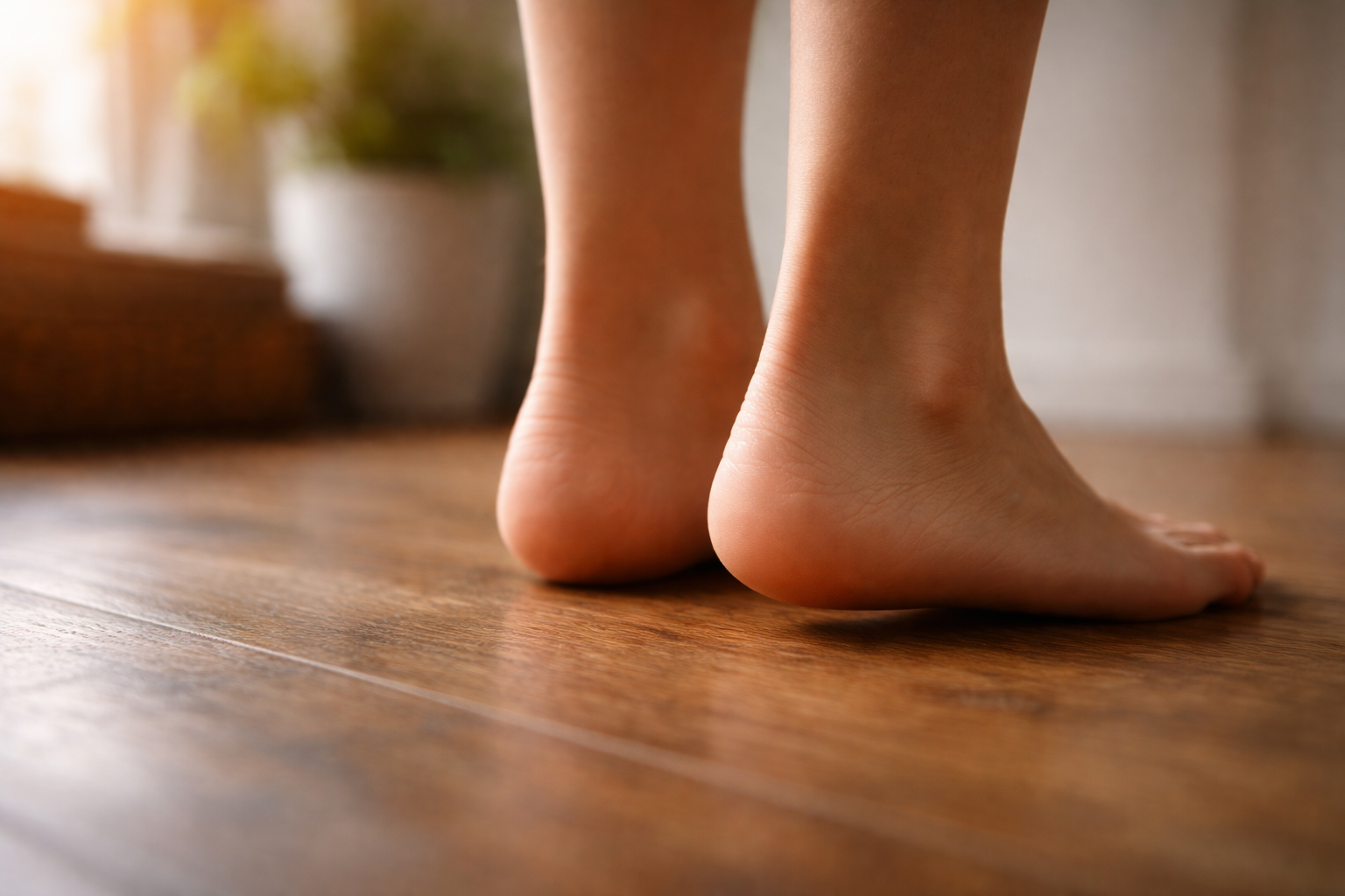 Close-up of bare feet on a wooden floor, conveying the physical sensation of growth and slight tension