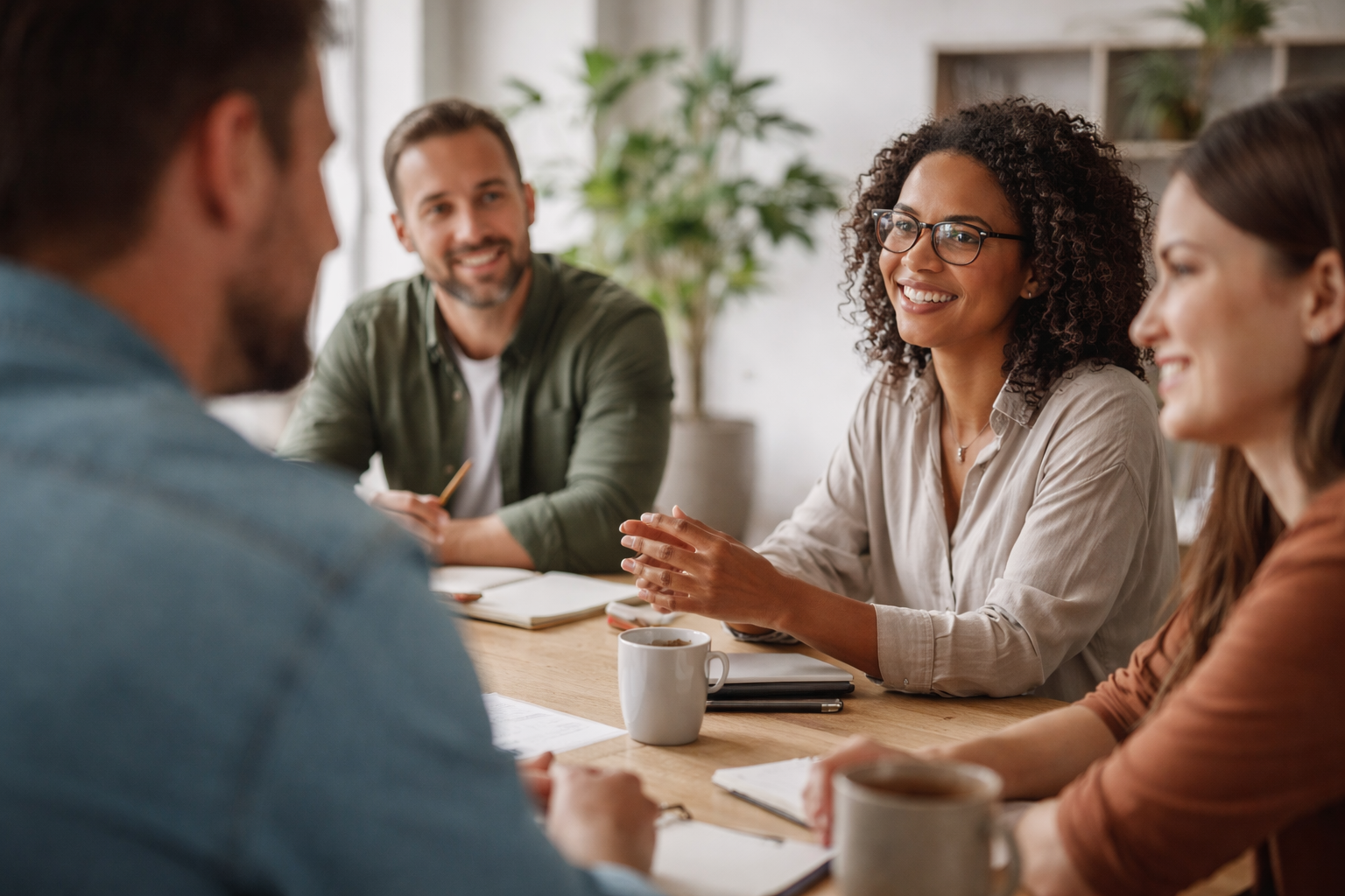 Grupo de personas conversando mientras una escucha con atención sin imponerse, simbolizando liderazgo silencioso