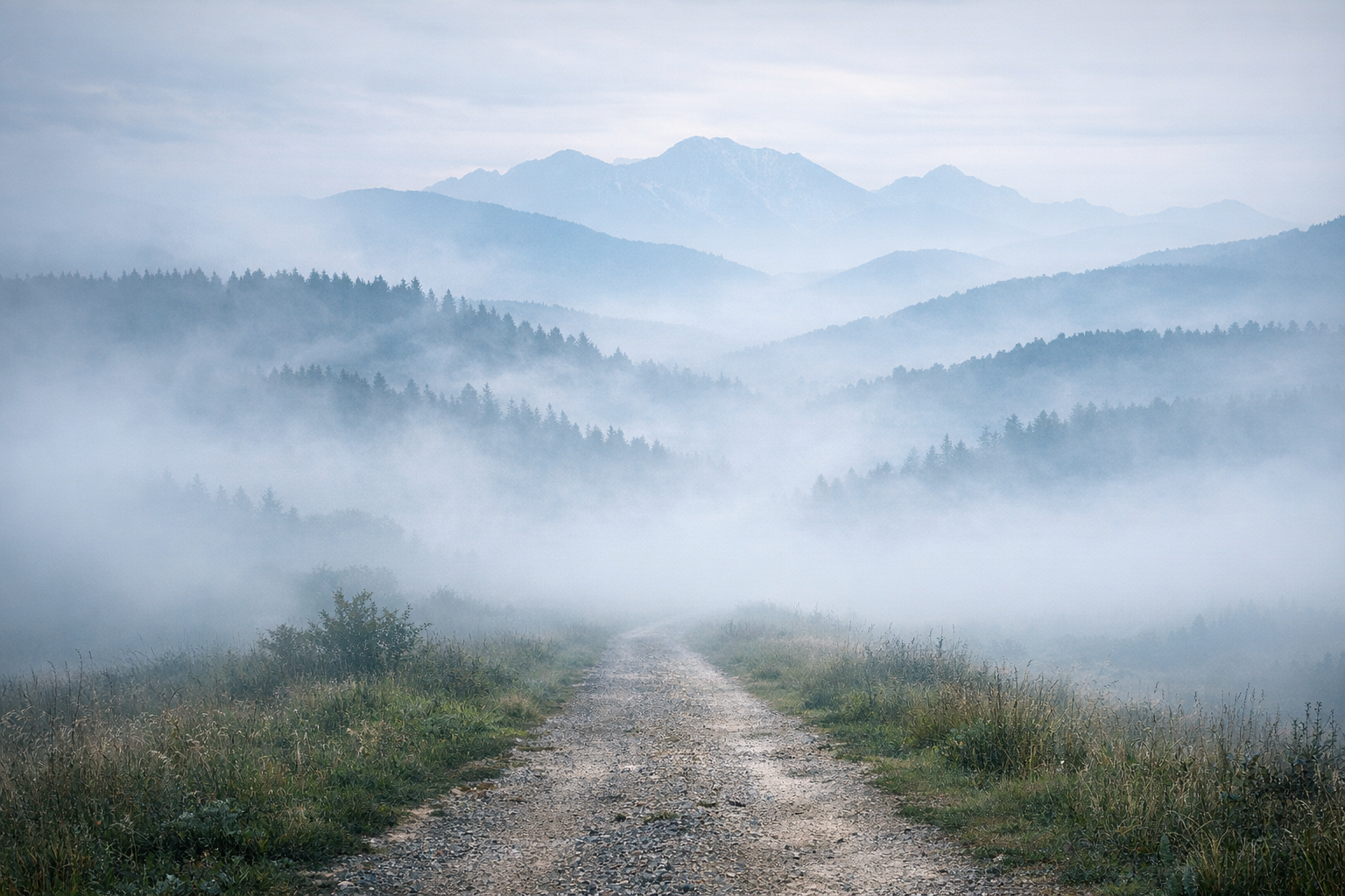 Camino con niebla como metáfora de visibilidad parcial