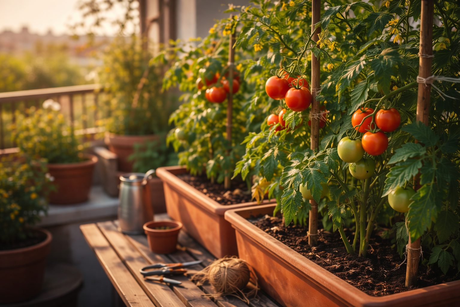 Tomateras creciendo en un huerto urbano de terraza