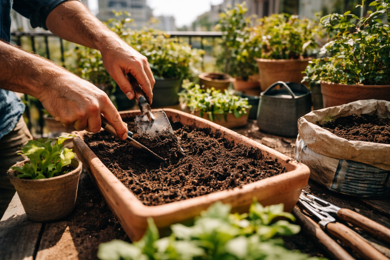Hands tending soil in terrace planters at the beginning of spring in an urban setting