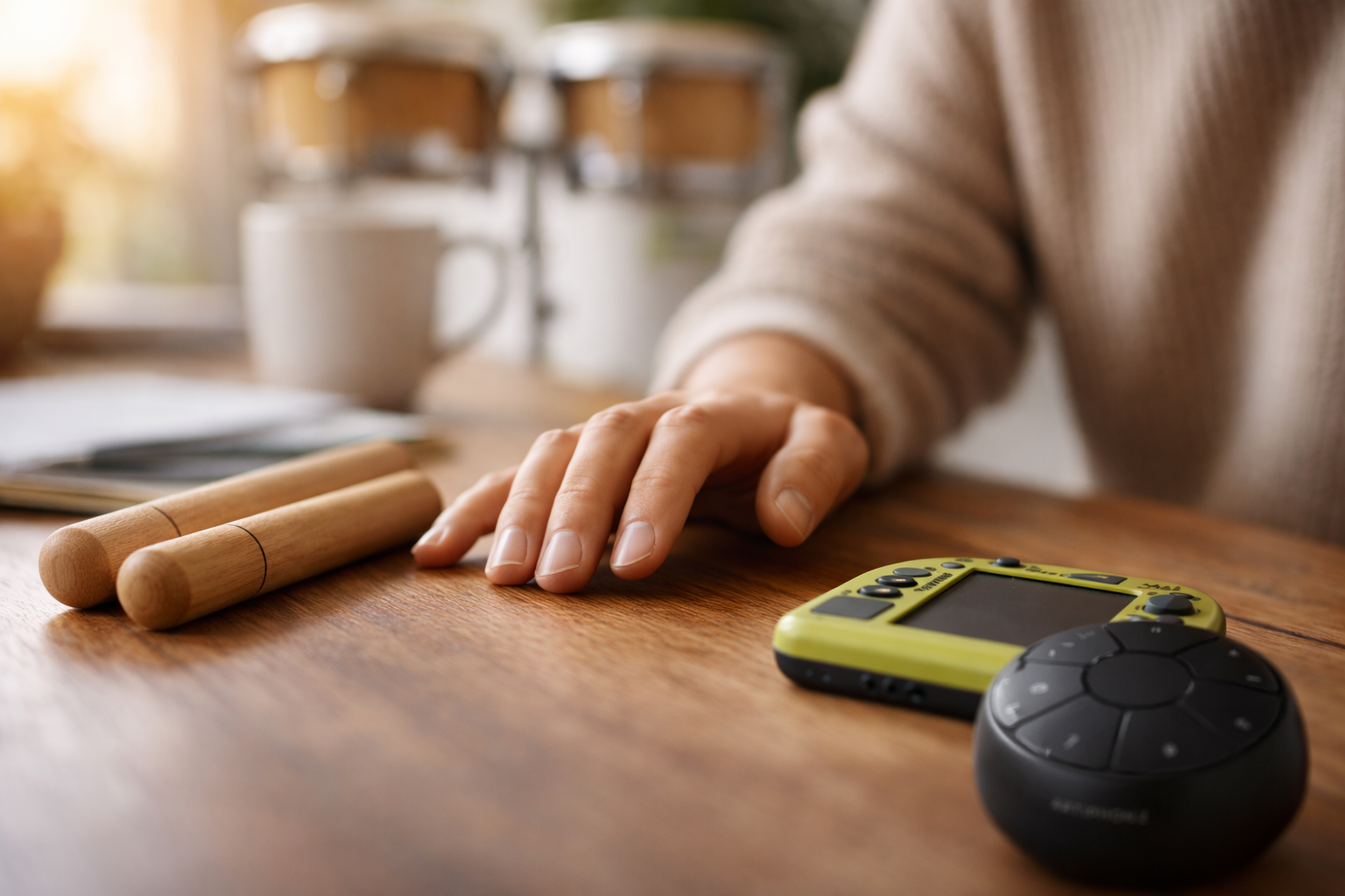 Detall d’una mà marcant el compàs sobre una taula amb claus cubanes i petits instruments de percussió, simbolitzant el ritme a la vida quotidiana