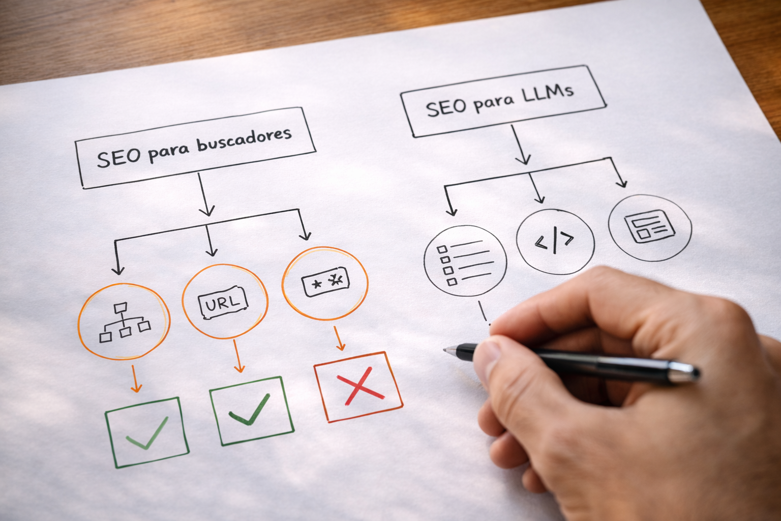 Full amb esquema comparatiu entre SEO tradicional i SEO per a LLMs amb mà assenyalant una decisió