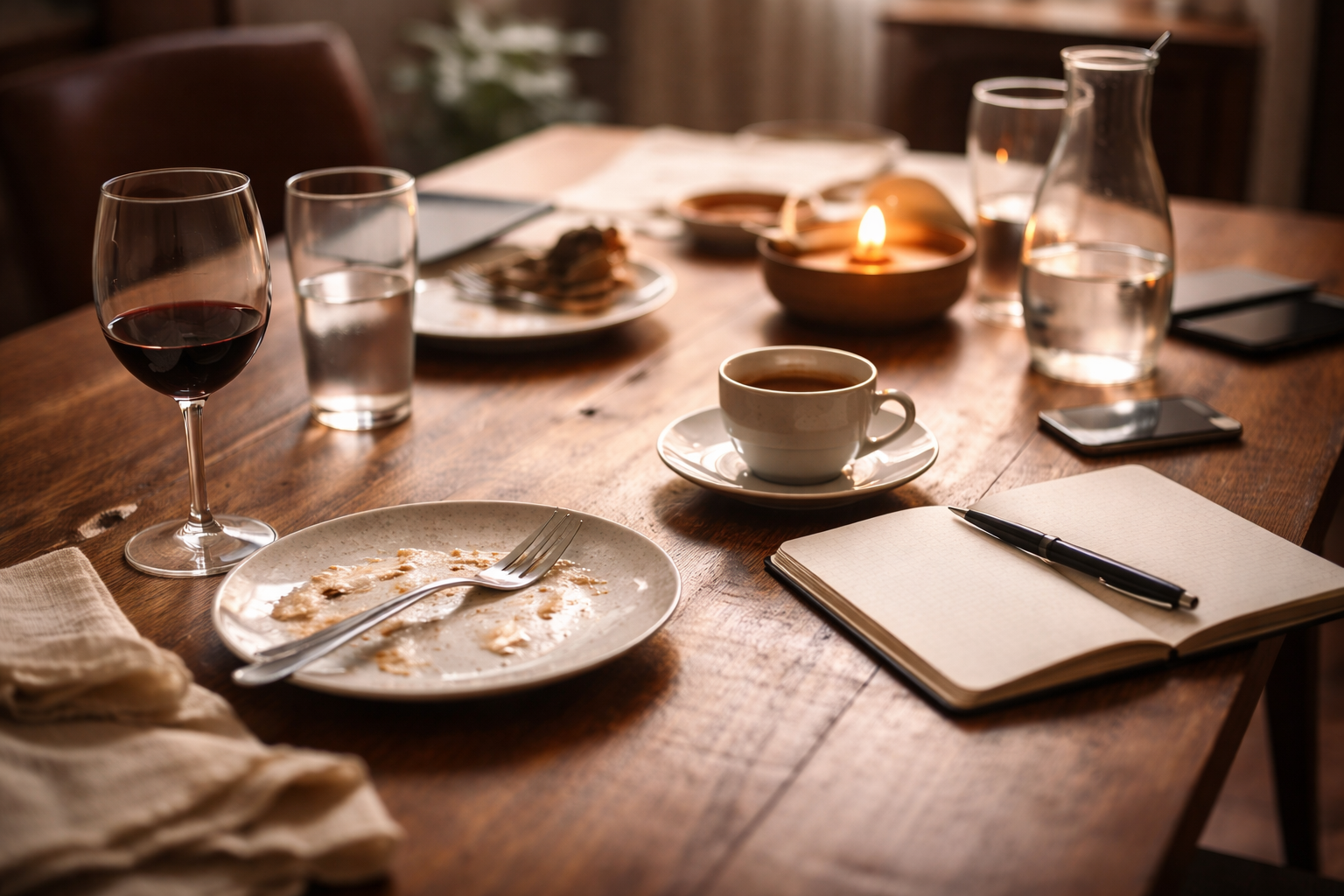 Mesa con luz cálida y sobremesa tranquila como metáfora de conversación lenta