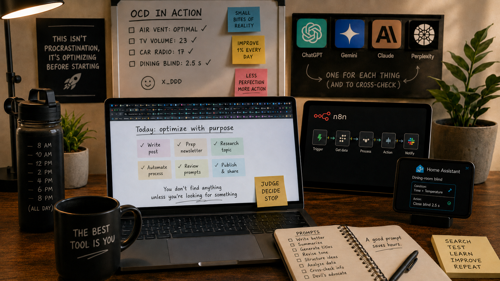Work desk with laptop, notebook, several digital tools open and a cup of coffee, symbolizing productivity, technology and personal judgment