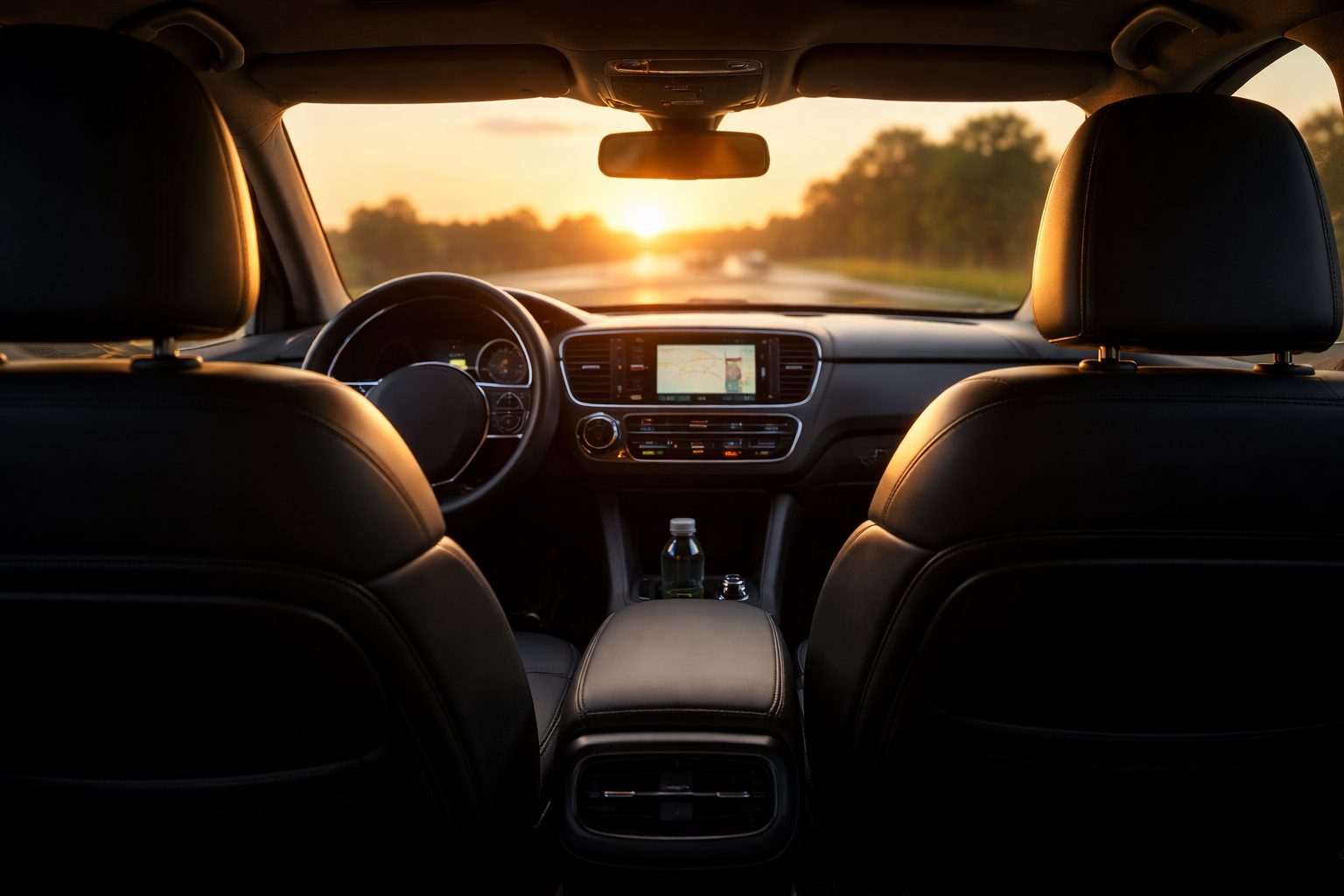 Interior de un coche al atardecer como metáfora de acompañamiento y escucha